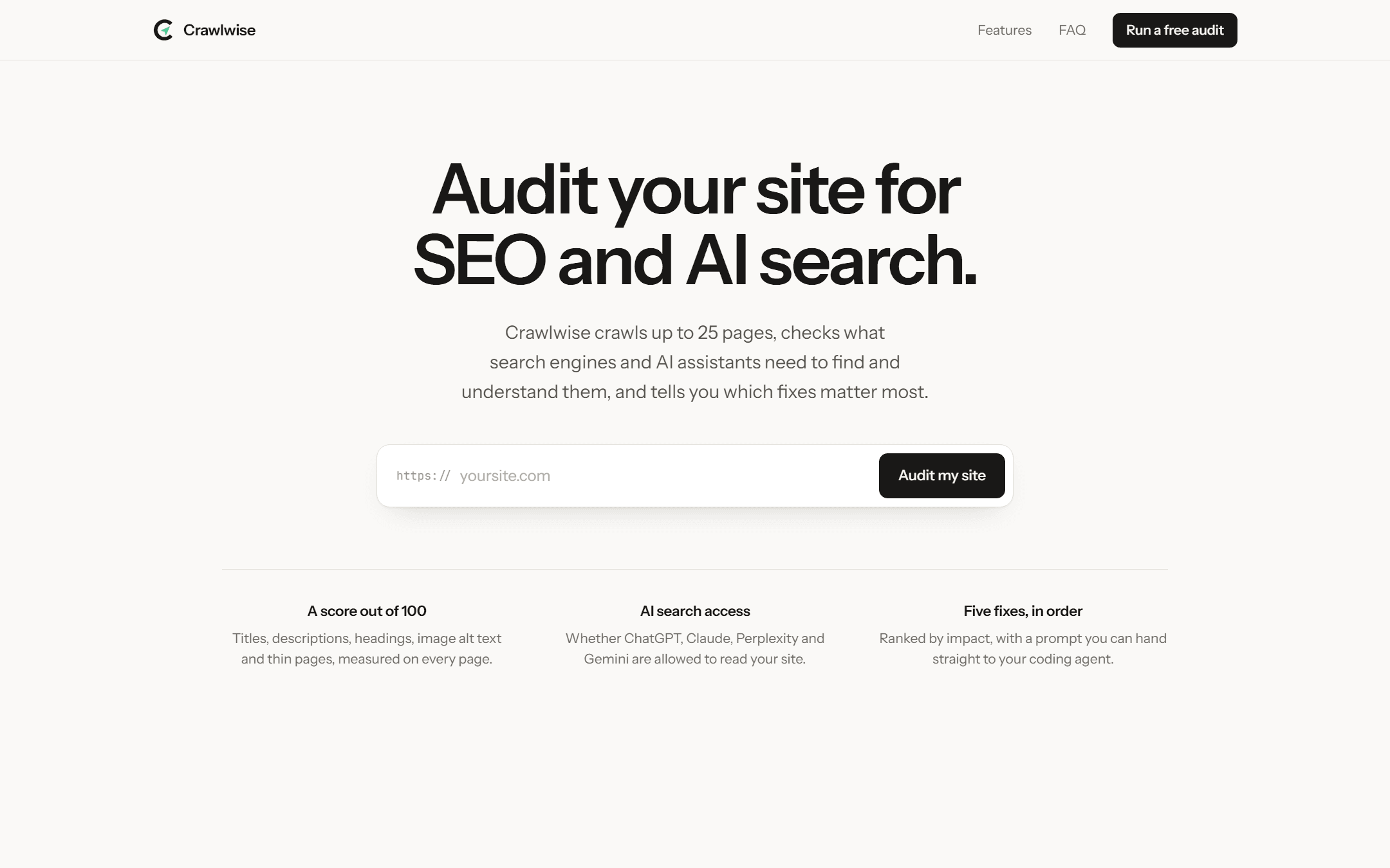 Crawlwise homepage — SEO and AI search audit